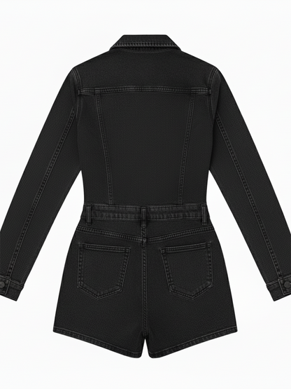 Long Sleeve Button Washed Denim Romper