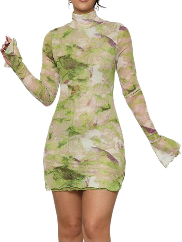 Floral Bell Sleeve Mesh Mini Dress