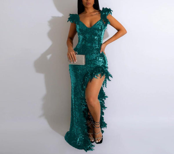 V Neck Sequin Feather Slit Maxi Dress