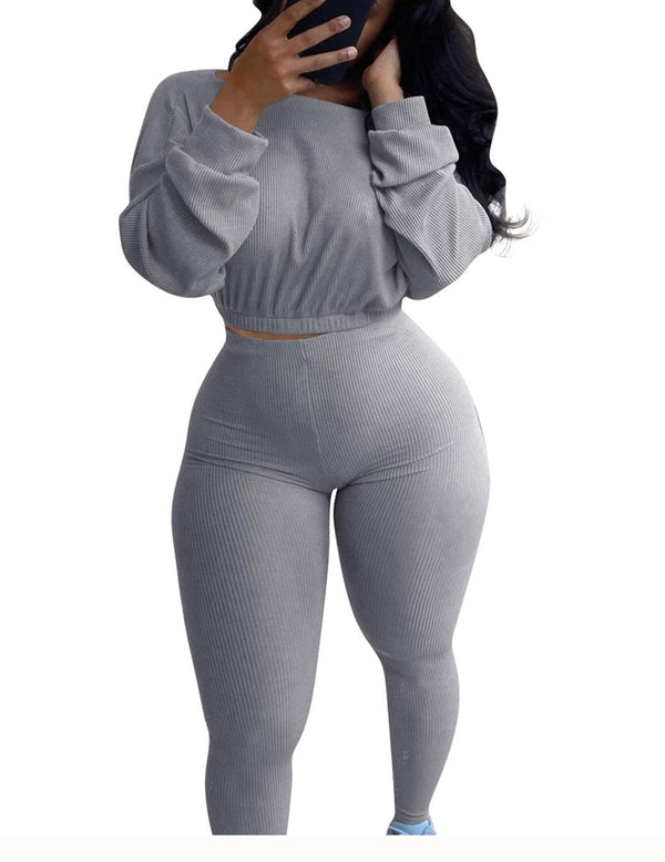 Ribbed Two Piece Long Sleeve Pullover Long Pants