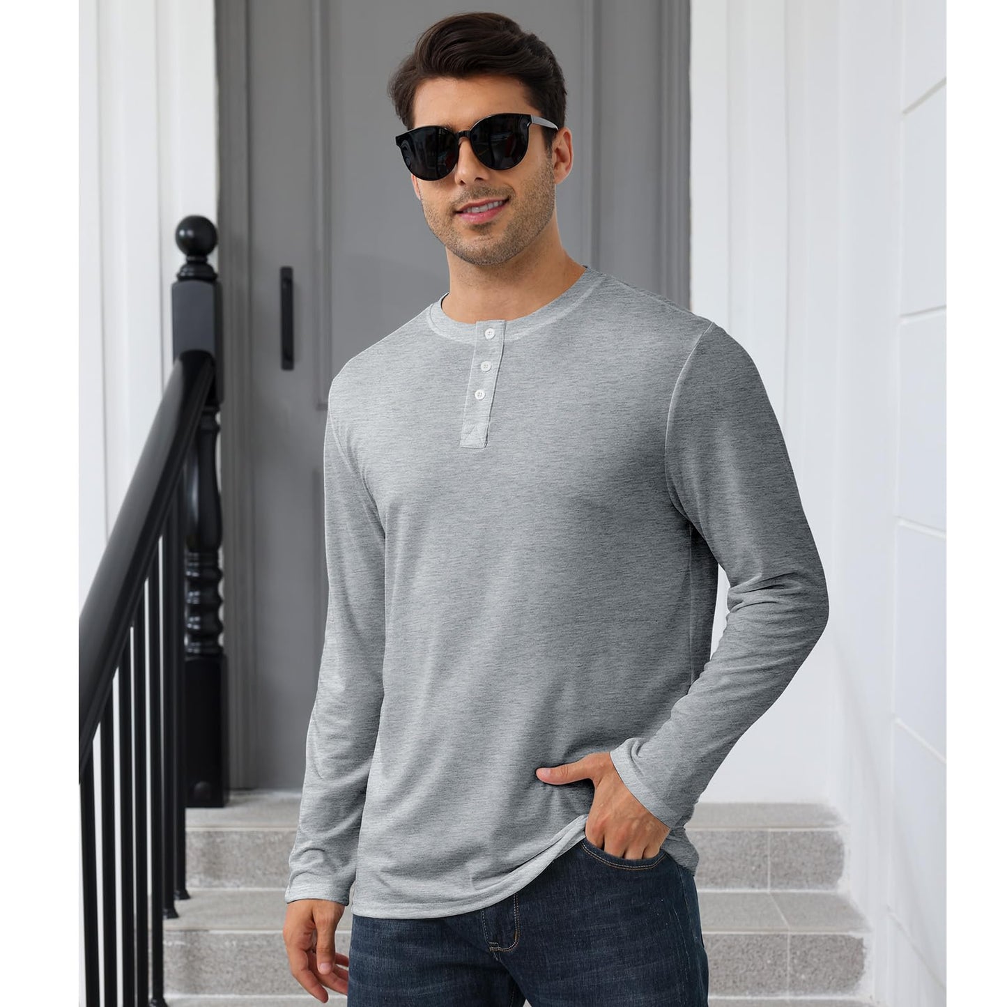 Mens Long Sleeve Soild Button Top