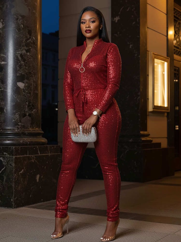 Long Sleeve Sequin Belted Jumpsuit