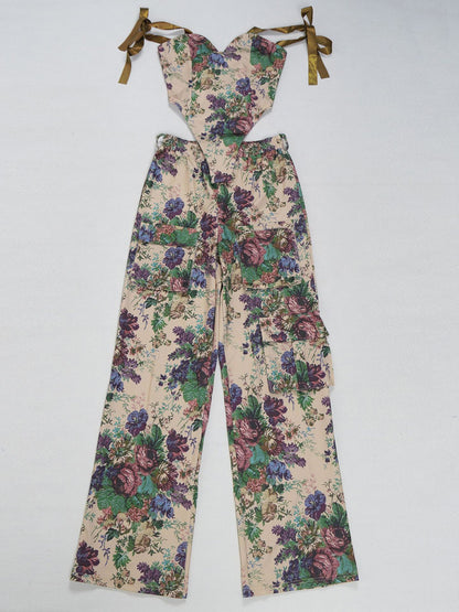 Two Pieces Print Lace-Up Cargo Pants Set