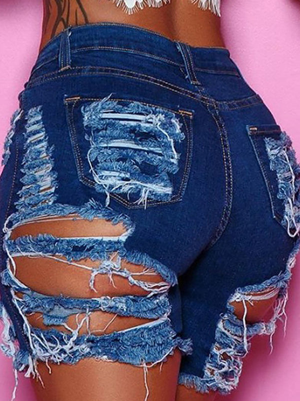 Distressed Elastic Ripped Knee Length Denim Shorts