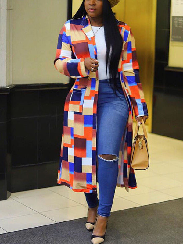 Plus Size Plaid Colorful Print Double-Breasted Lapel Coat