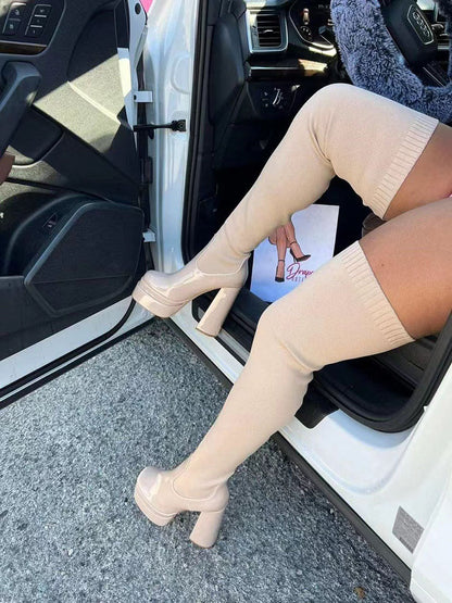 Round Toe High Heel Stretch Knit Boots