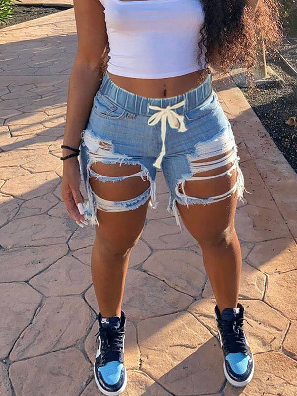 Distressed Drawstring Elastic Waist Denim Shorts