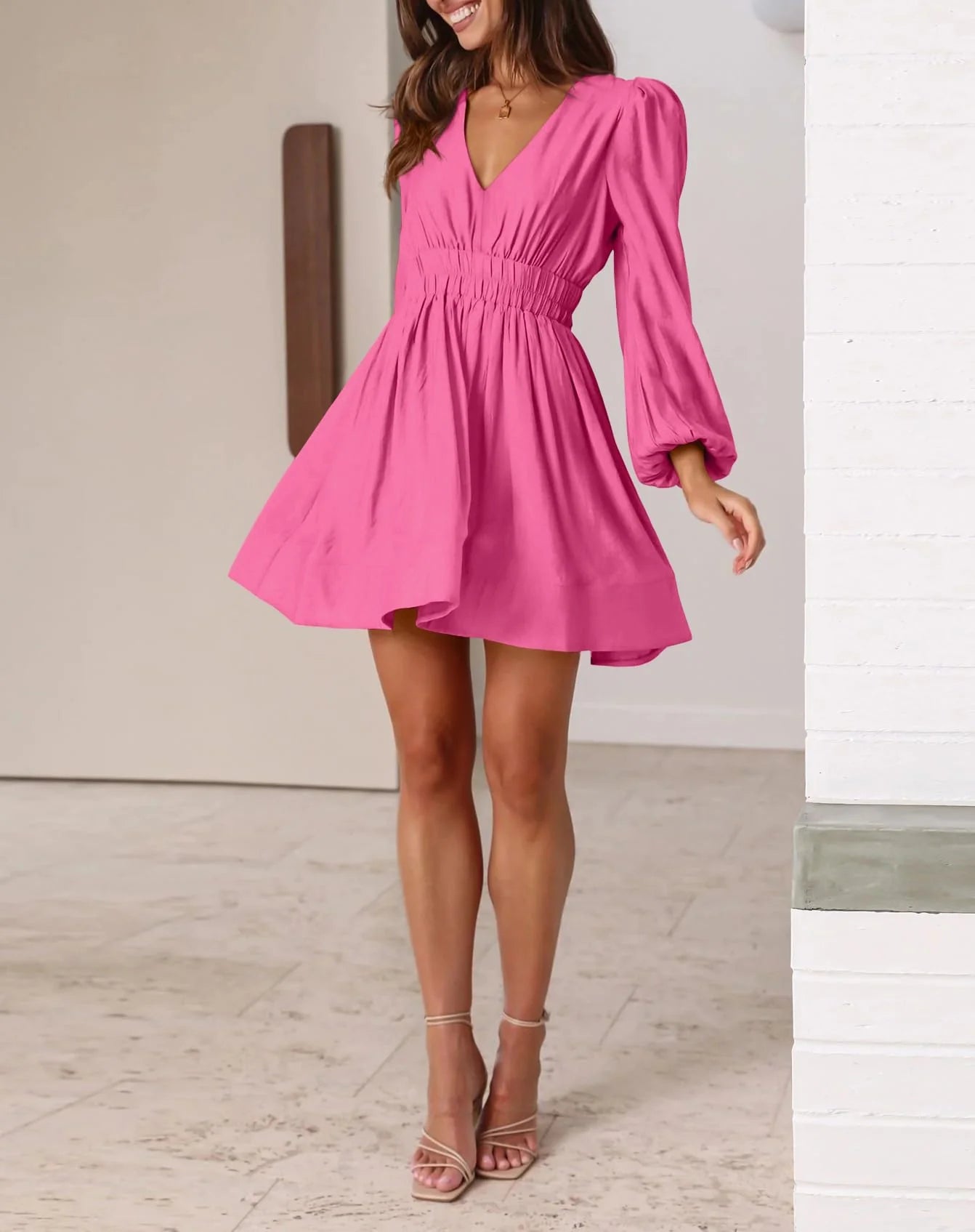 Long Sleeve V Neck Mini Dress