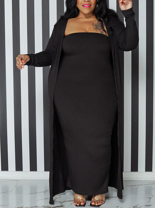 Two Piece Plus Size Solid Color Tube Dress Cardigan Set