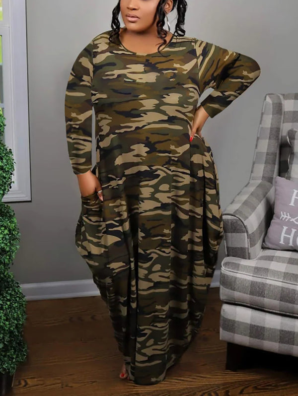 Plus Size Long Sleeve Pockets Print Dress