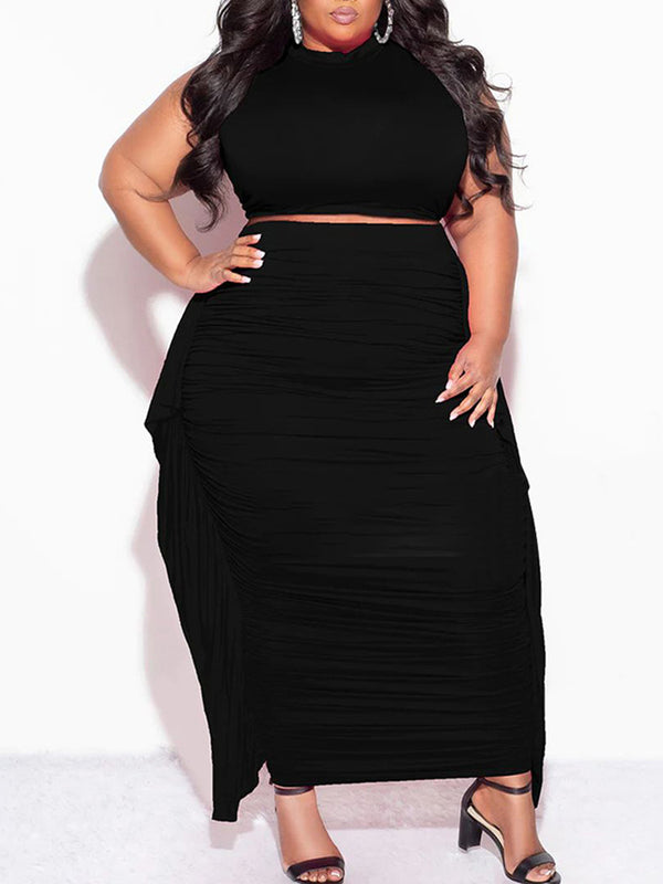 Two-Piece Plus Size Solid Color Fringe Skirt Set