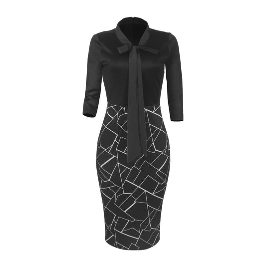 Tie Neck Long Sleeve Bodycon Midi Dress