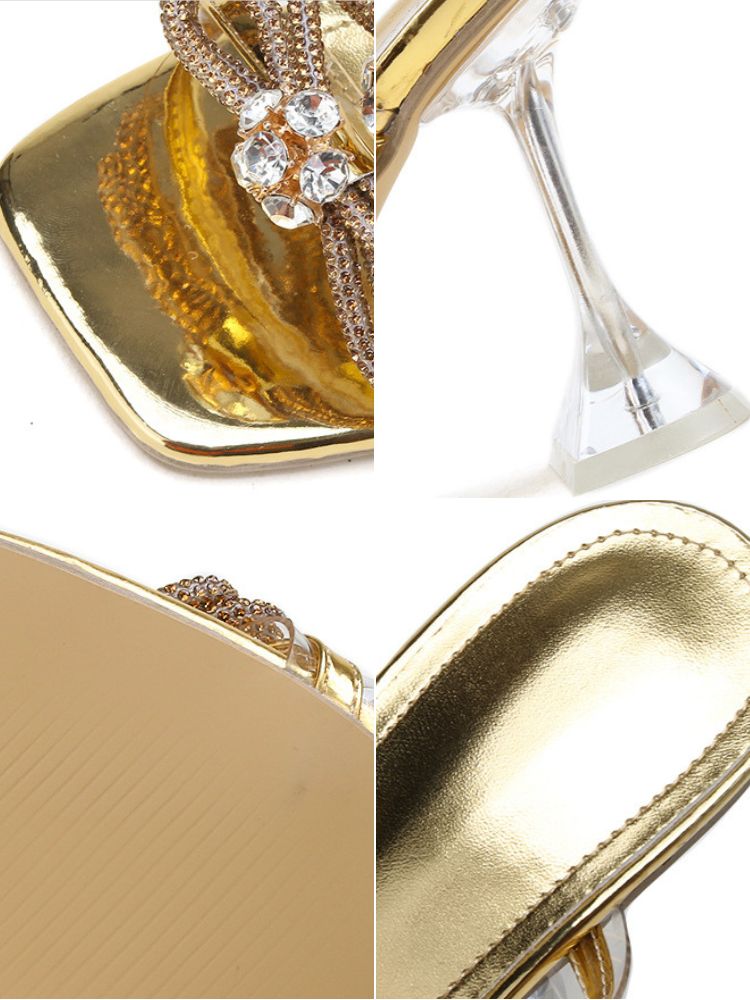 Diapositivas de tacón alto con punta cuadrada y lazo de diamantes de imitación 