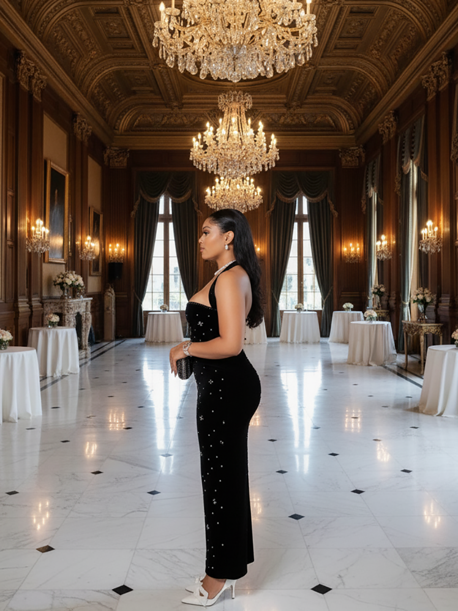 Halter Rhinestone Bead Maxi Dress