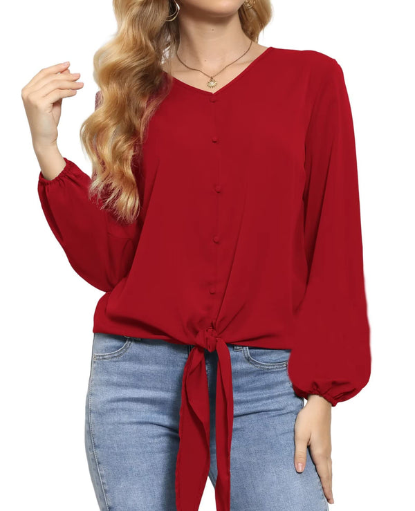 Bell Sleeve Solid Color V Neck Top