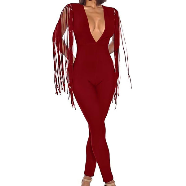 V Neck Tassel Sleeve Bodycon Jumpsuit