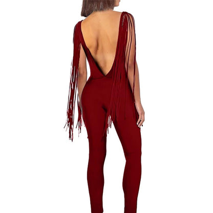 V Neck Tassel Sleeve Bodycon Jumpsuit