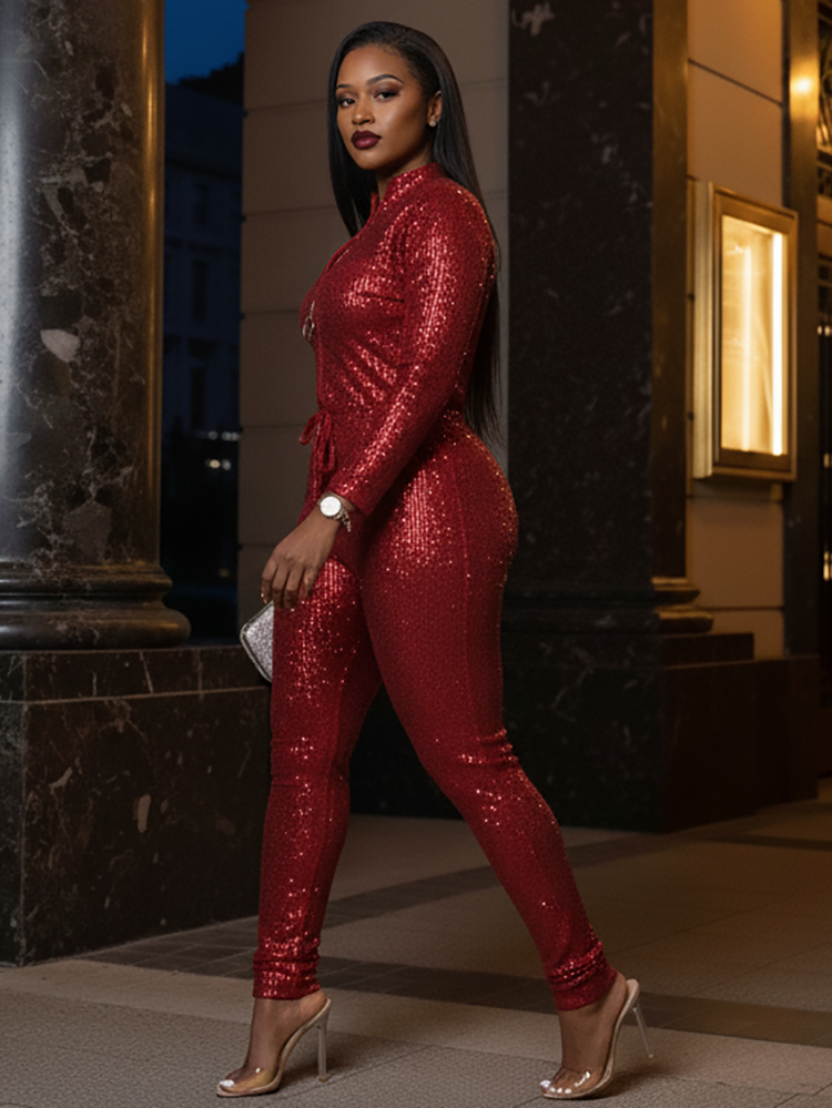 Long Sleeve Sequin Belted Jumpsuit