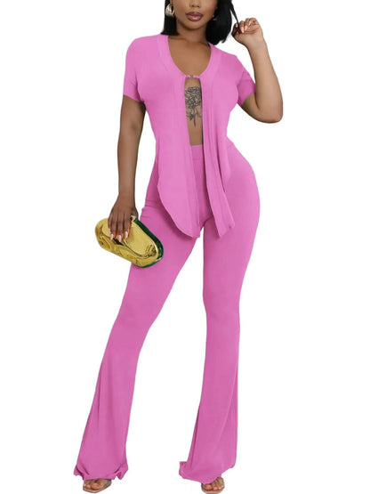 Two Piece Belted Crop Tops Wide Leg Pants Sets