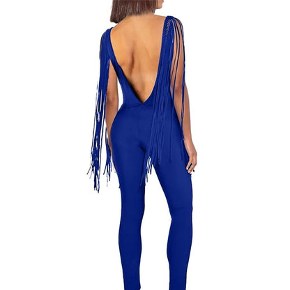 V Neck Tassel Sleeve Bodycon Jumpsuit