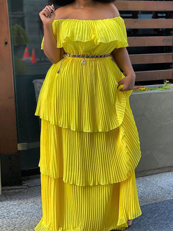 Off Shoulder Layered Pleated Plus Size Maxi Dress