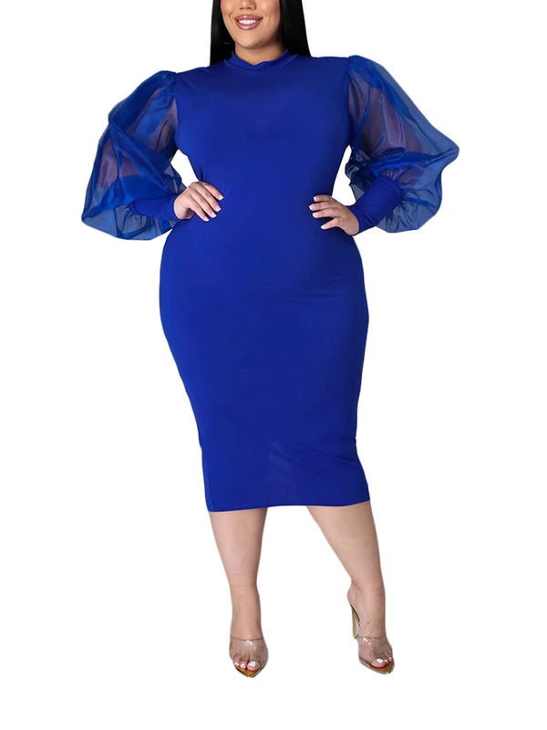 Plus Size Mesh Bubble Sleeve Midi Dress