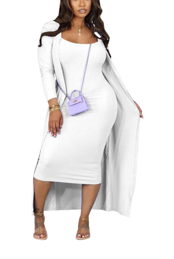 Two Piece Spaghetti Strap Midi Dress Open Cardigan Set