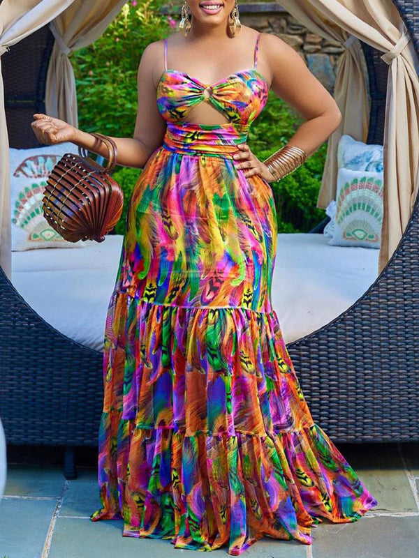 Spaghetti Strap Printed Tie-Dye Maxi Dress