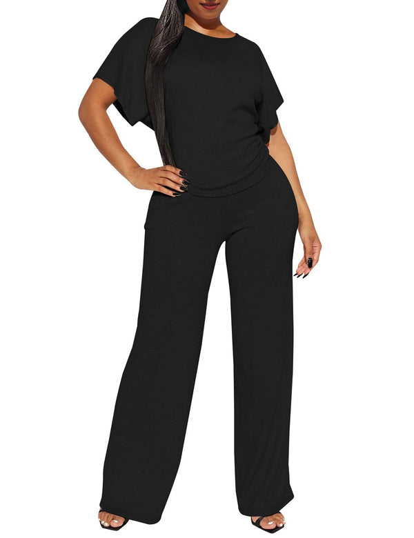 Two Piece Batwing Ruched Top Wide Leg Pants