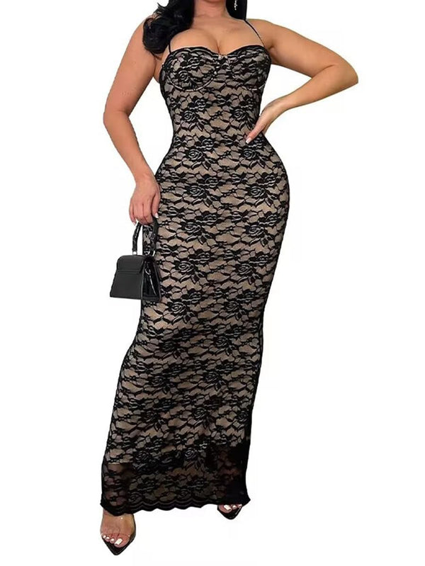 Spaghetti Strap Lace Bodycon Maxi Dress