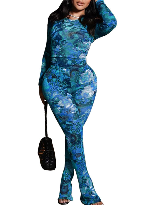 Crew Neck Mesh Tops  Pants Sets