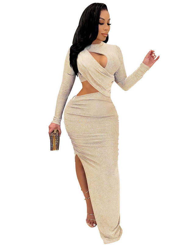 Deep V Neck Bodycon Side Split Glitter Maxi Dress