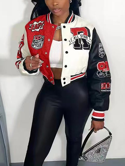 Colorblock Letter Print Baseball Jacket