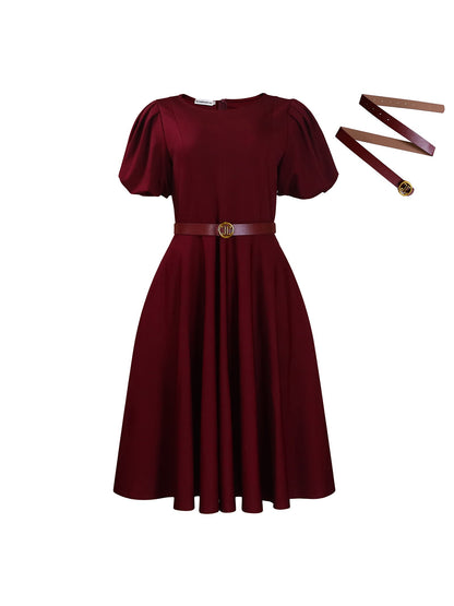 Puff Sleeve Belted A-Line Midi Dress