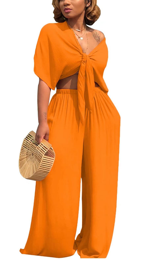 Two Piece Crop Top Wide Leg Pants