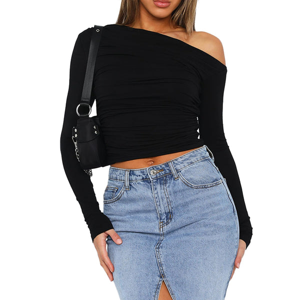 Tops de manga larga con cuello barco