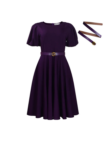 Puff Sleeve Belted A-Line Midi Dress