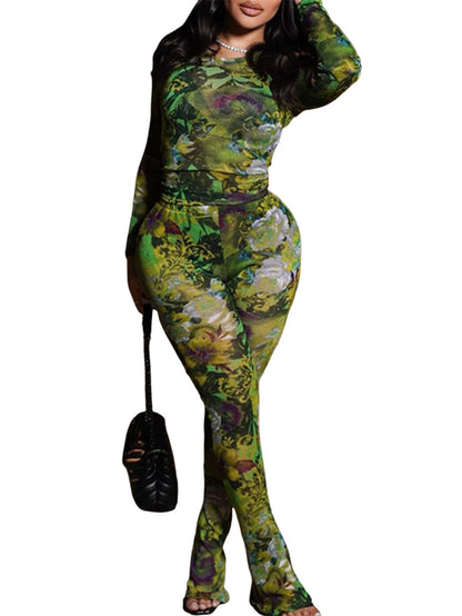 Crew Neck Mesh Tops  Pants Sets