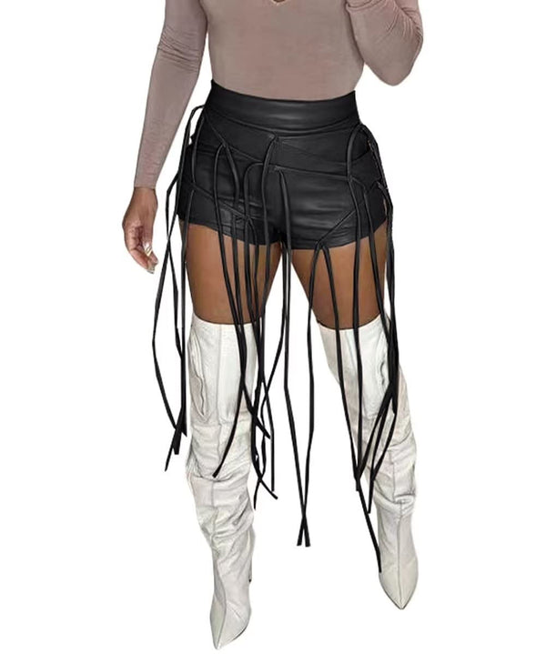 PU Leather Tassel Lace Up Shorts