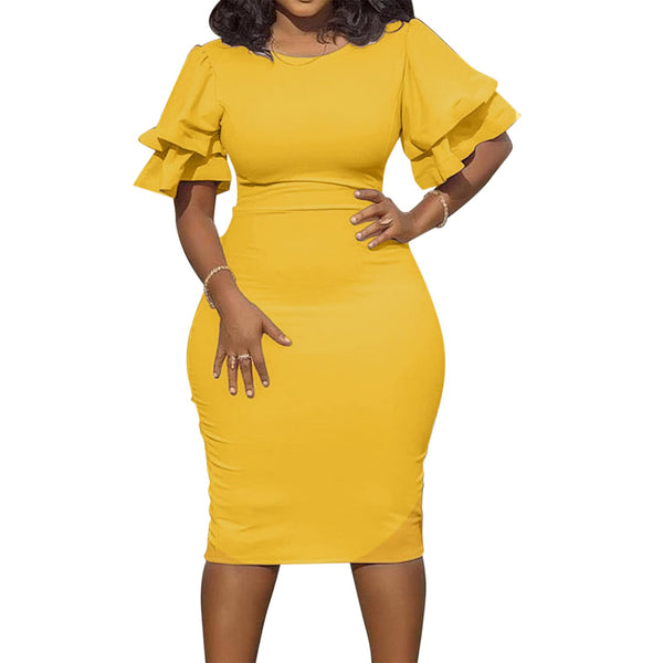 Round Neck Ruffle Bodycon Midi Dress