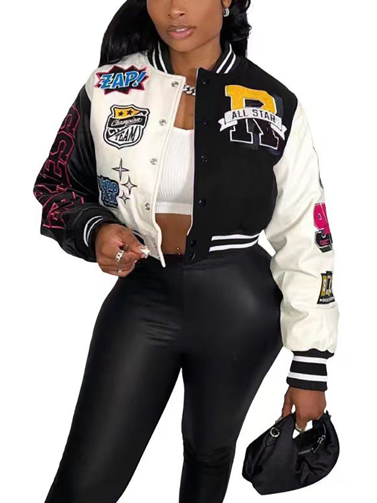 Colorblock Letter Print Baseball Jacket