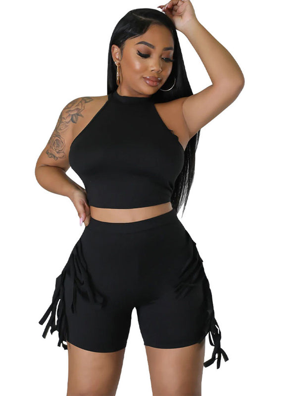 Two Pieces Sleeveless Tank Crop Top Tassels Shorts Set