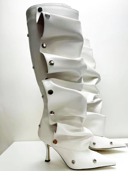 Studded Ruched Stacked Heel Long Boots