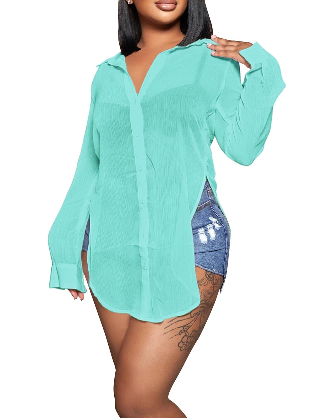 Long Sleeve Mesh Shirts Tops