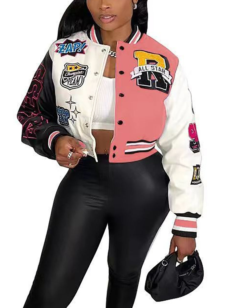 Colorblock Letter Print Baseball Jacket