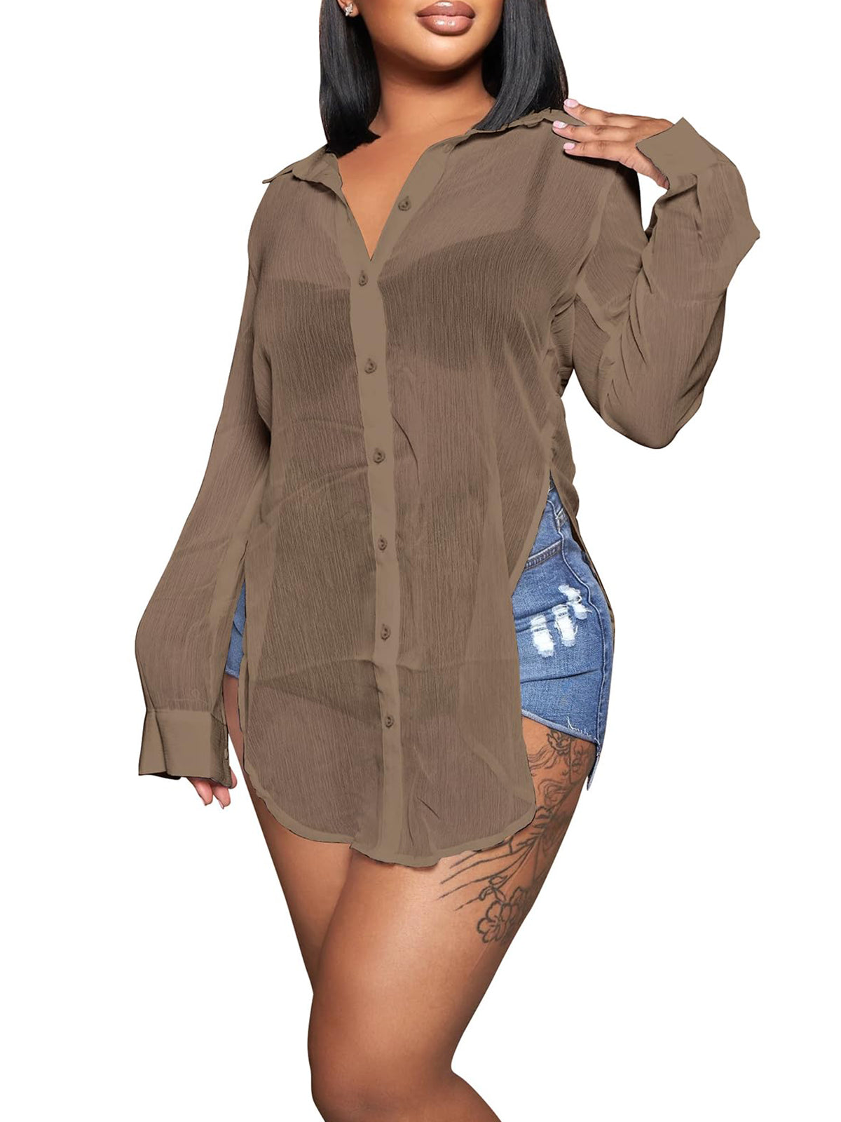 Long Sleeve Mesh Shirts Tops