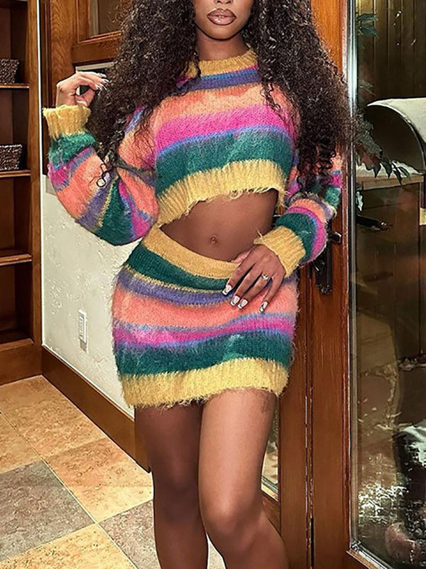 Two-Piece Knit Long Sleeve Rainbow Stripe Skirt Set