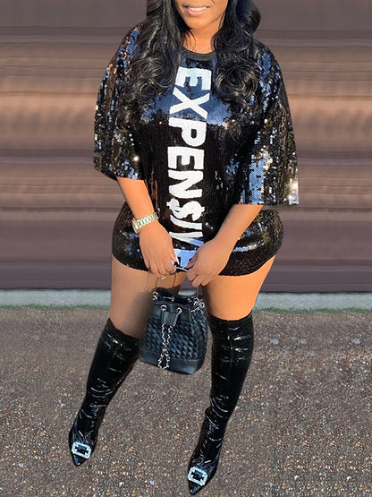 Minivestidos de malla con lentejuelas y estampado de letras 