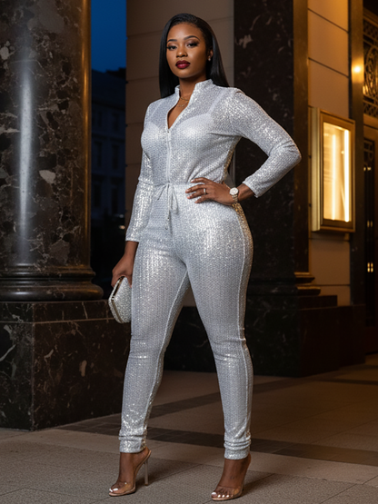 Long Sleeve Sequin Belted Jumpsuit