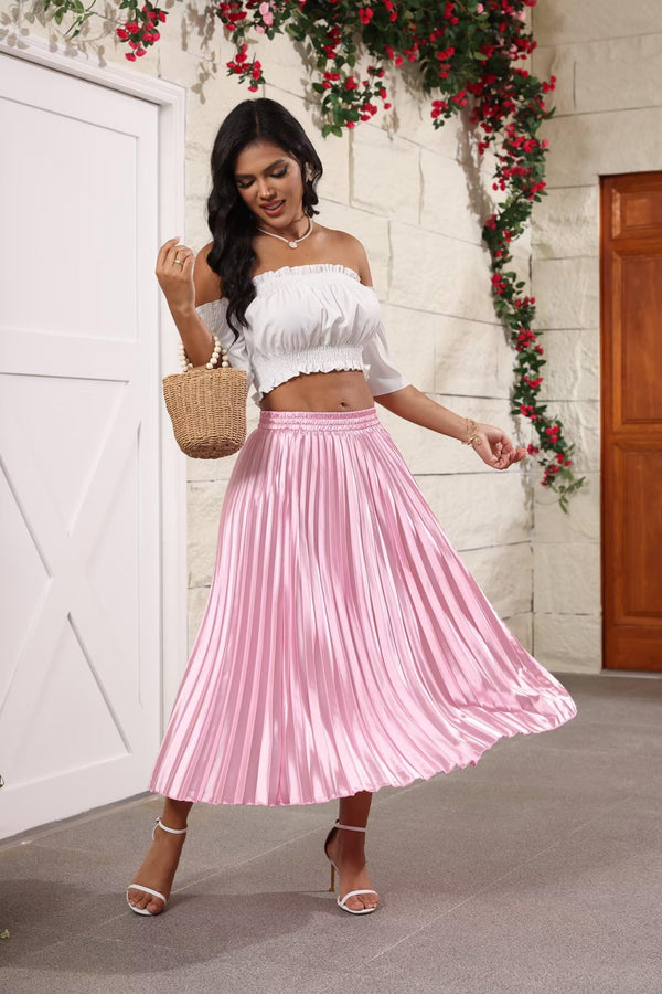 High Elastic Waist Pleated Midi Skirts